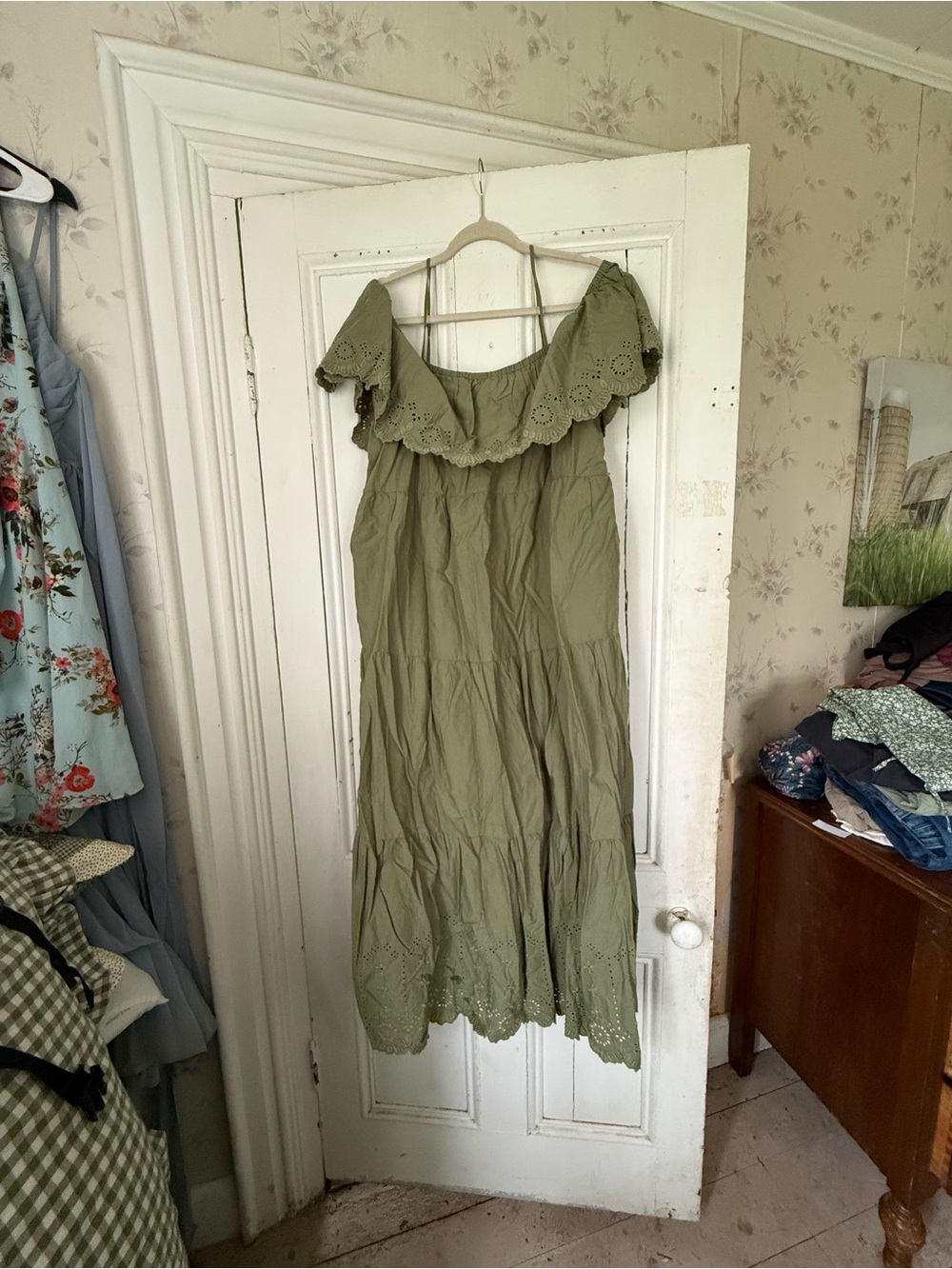 Old Navy Olive Green Off-Shoulder Eyelet-Tiered Maxi Dress